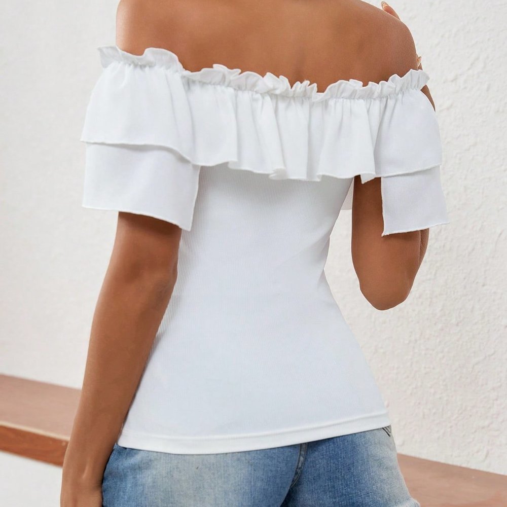 White Boho Womens Solid Color Off Shoulder Neckline Backless T-Shirt - Picture 5 of 5